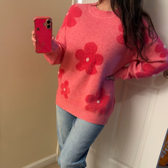 Nanette Lepore Sweaters - Nanette Lepore cozy fuzzy pink sweater floral pearl pullover medium m top